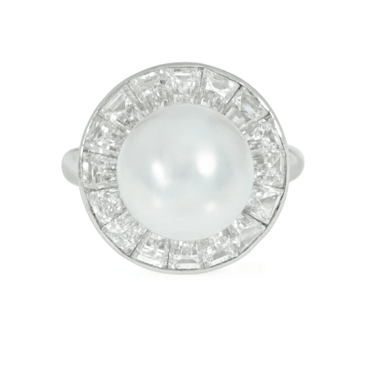 Van Cleef & Arpels 1950s Platinum Cultured Pearl & Diamond Ring front