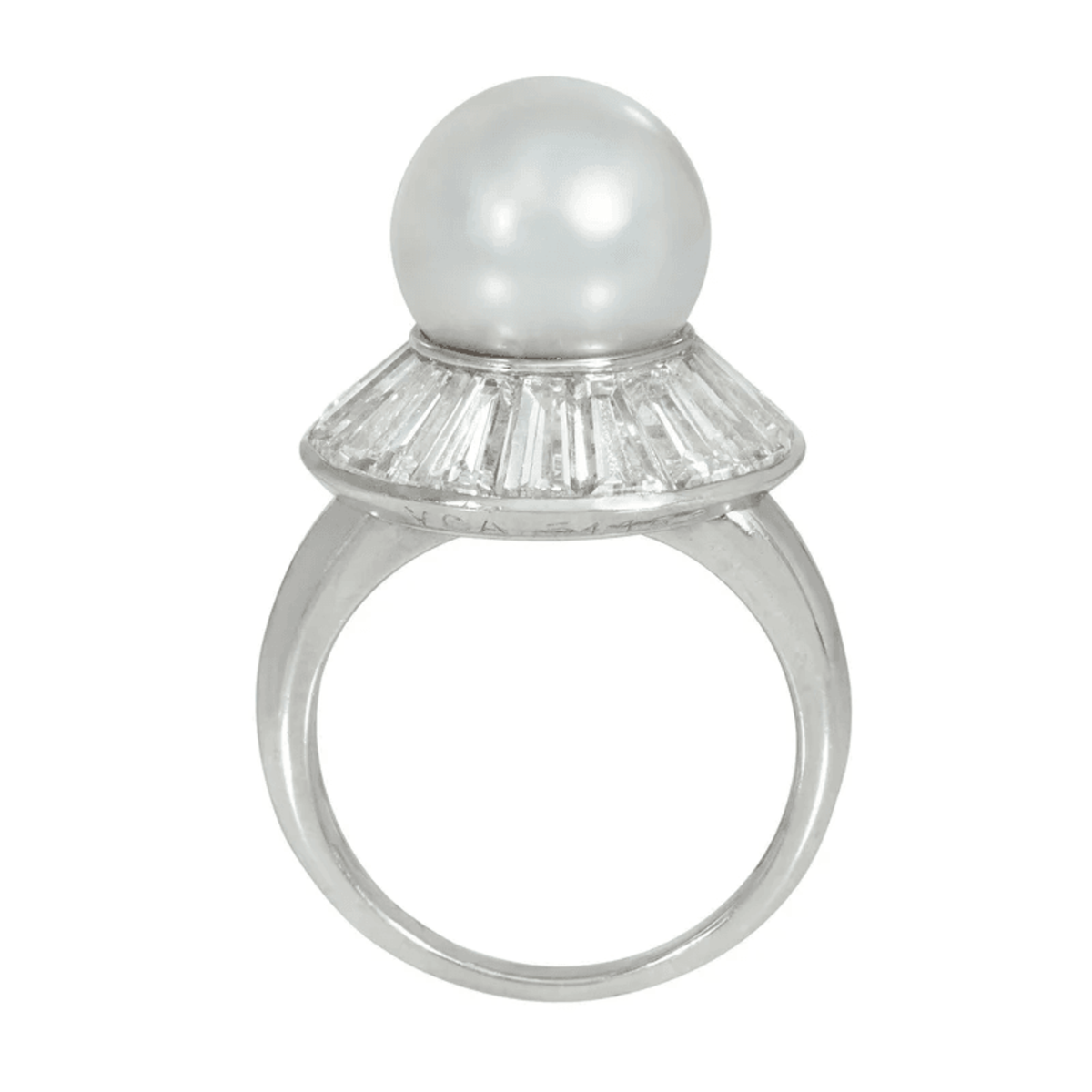Van Cleef & Arpels 1950s Platinum Cultured Pearl & Diamond Ring profile
