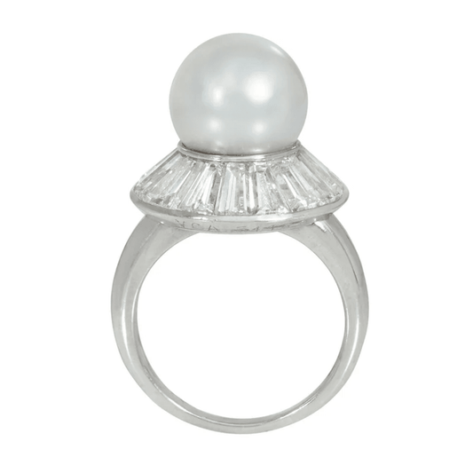Van Cleef & Arpels 1950s Platinum Cultured Pearl & Diamond Ring profile