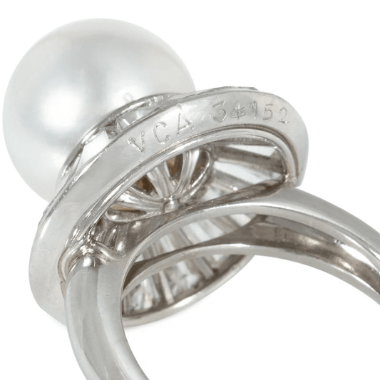 Van Cleef & Arpels 1950s Platinum Cultured Pearl & Diamond Ring signature