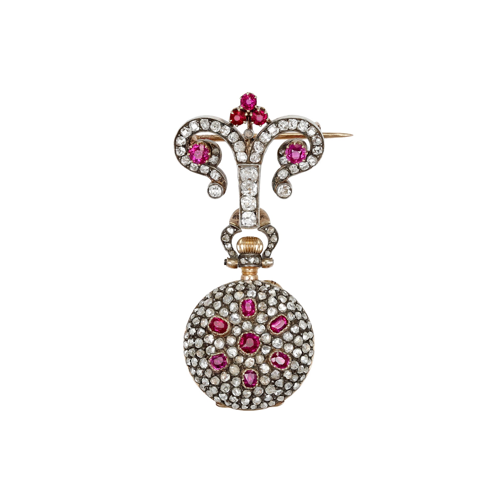 Mellerio Paris Edwardian Platinum & 18KT Yellow Gold Ruby & Diamond Watch Brooch front
