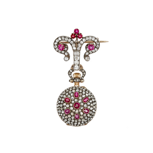 Mellerio Paris Edwardian Platinum & 18KT Yellow Gold Ruby & Diamond Watch Brooch front