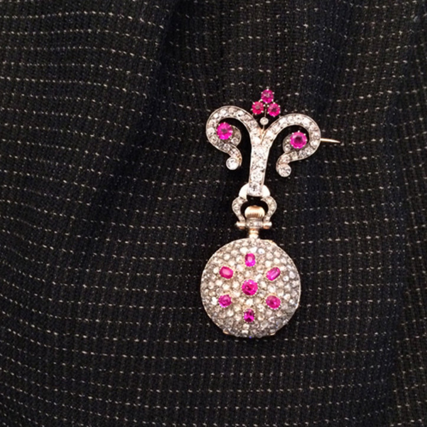 Mellerio Paris Edwardian Platinum & 18KT Yellow Gold Ruby & Diamond Watch Brooch on model