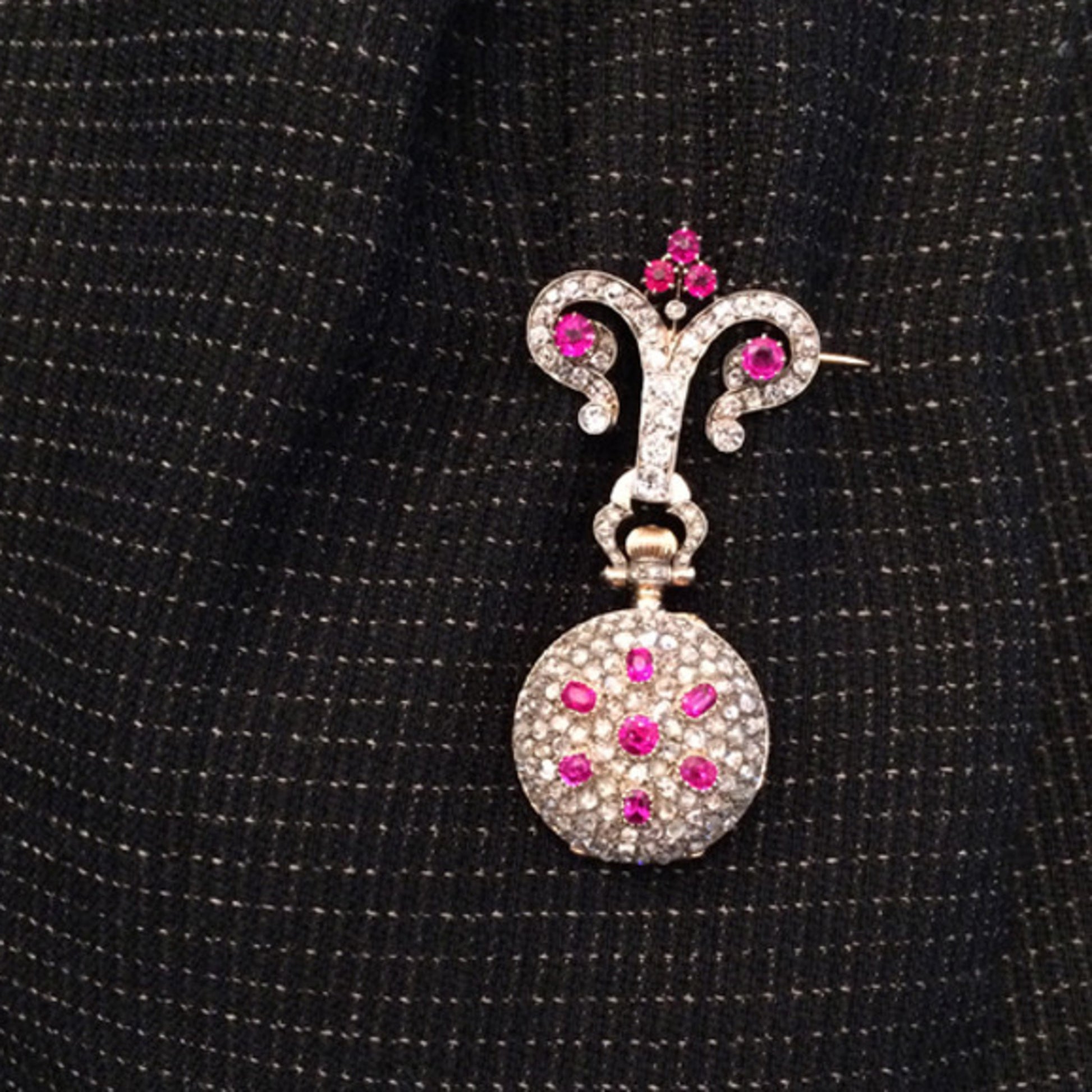Mellerio Paris Edwardian Platinum & 18KT Yellow Gold Ruby & Diamond Watch Brooch on model
