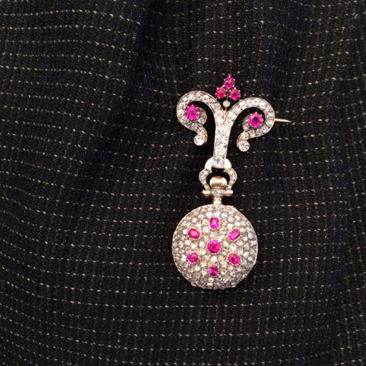Mellerio Paris Edwardian Platinum & 18KT Yellow Gold Ruby & Diamond Watch Brooch on model