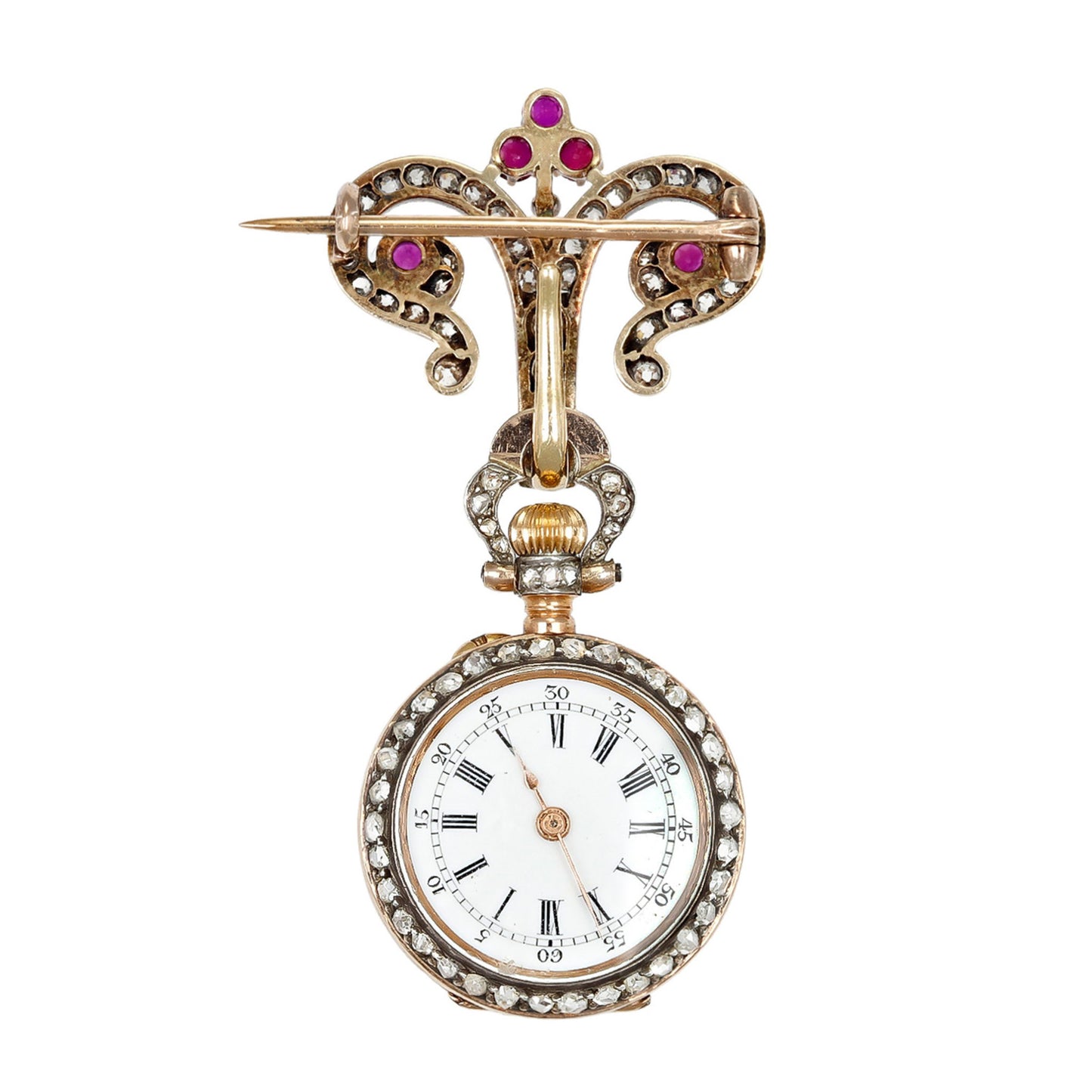 Mellerio Paris Edwardian Platinum & 18KT Yellow Gold Ruby & Diamond Watch Brooch watch face