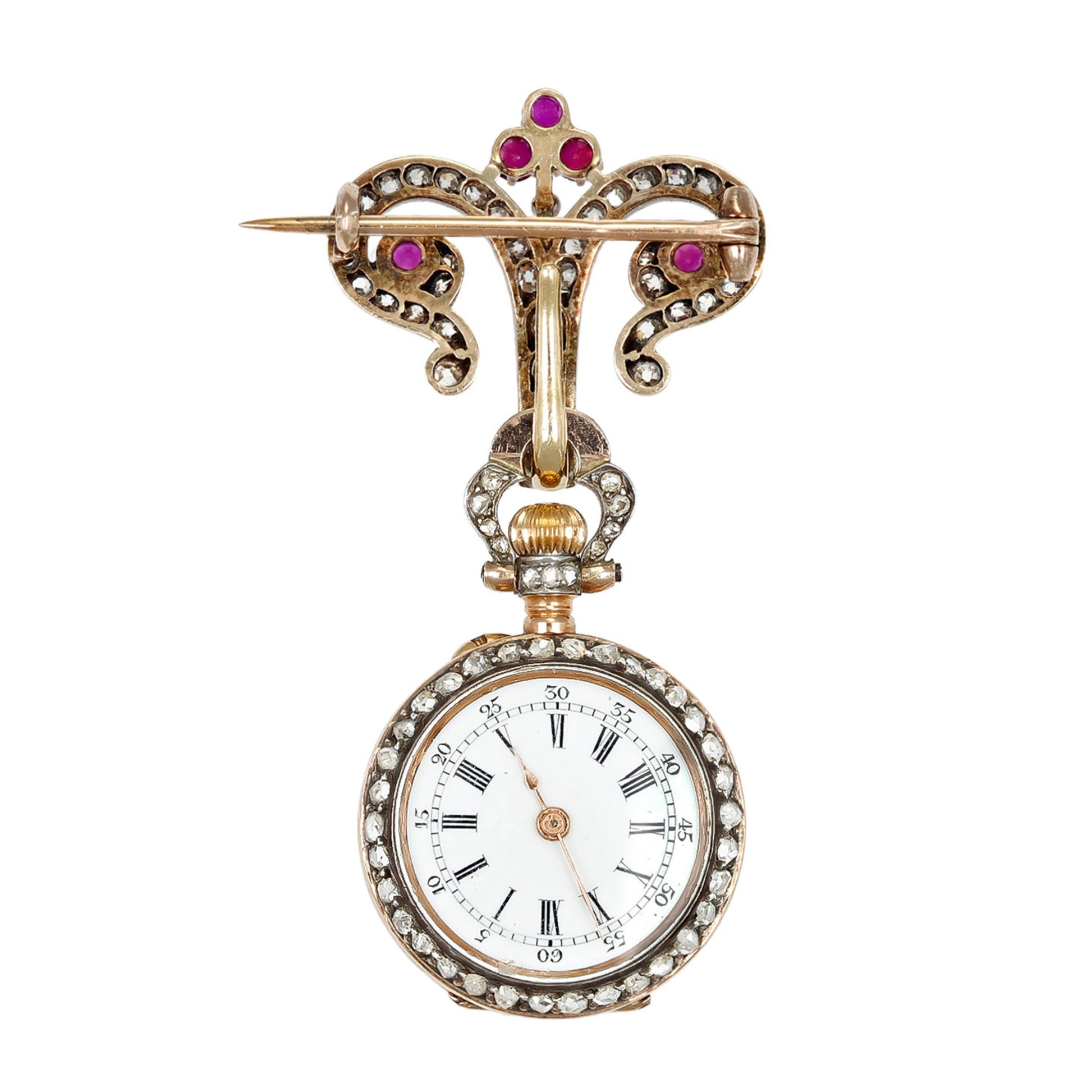 Mellerio Paris Edwardian Platinum & 18KT Yellow Gold Ruby & Diamond Watch Brooch watch face