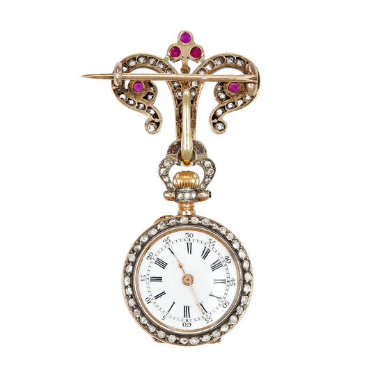 Mellerio Paris Edwardian Platinum & 18KT Yellow Gold Ruby & Diamond Watch Brooch watch face