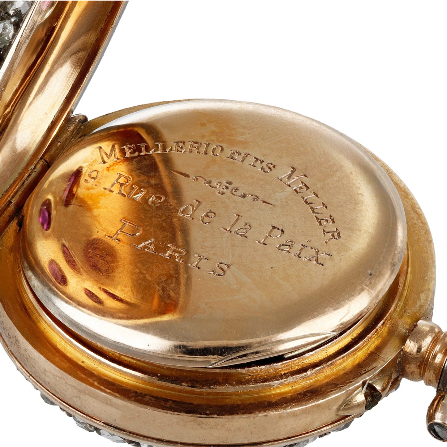 Mellerio Paris Edwardian Platinum & 18KT Yellow Gold Ruby & Diamond Watch Brooch signature