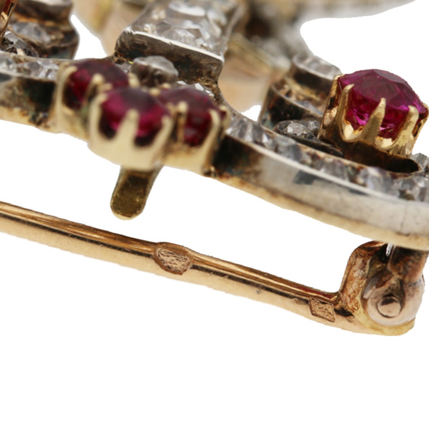 Mellerio Paris Edwardian Platinum & 18KT Yellow Gold Ruby & Diamond Watch Brooch hallmarks