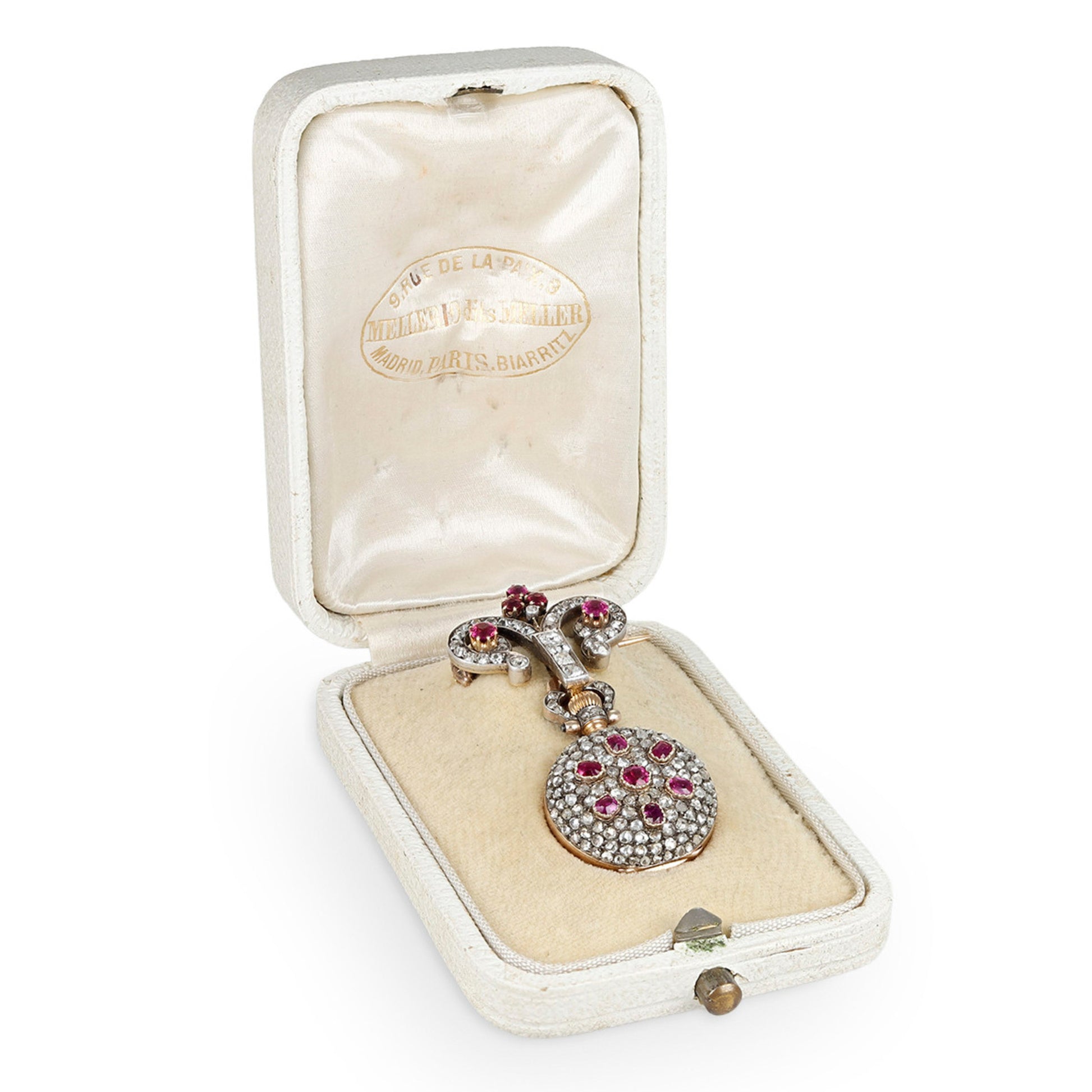 Mellerio Paris Edwardian Platinum & 18KT Yellow Gold Ruby & Diamond Watch Brooch in box