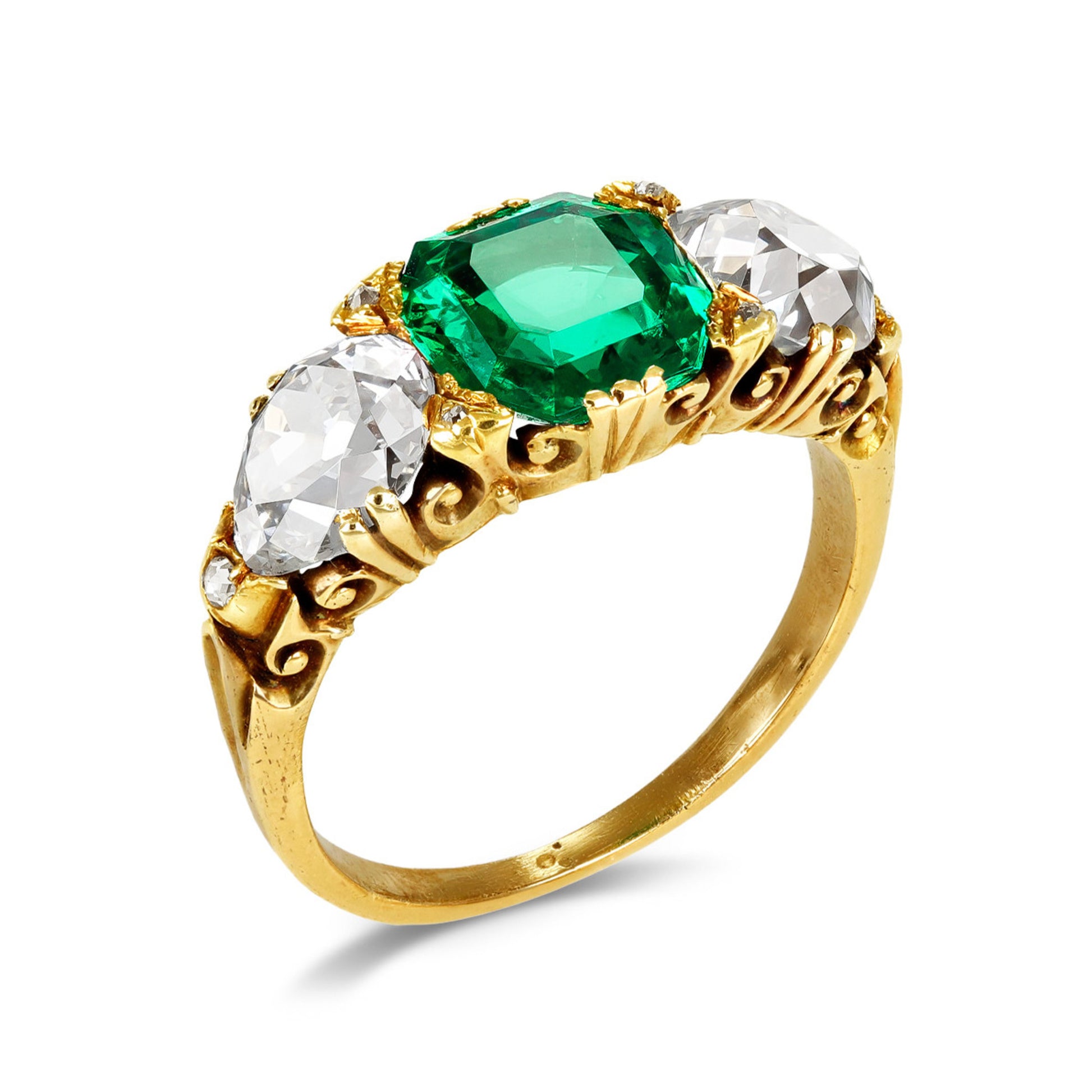 English Victorian 18KT Yellow Gold Emerald Diamond Ring profile