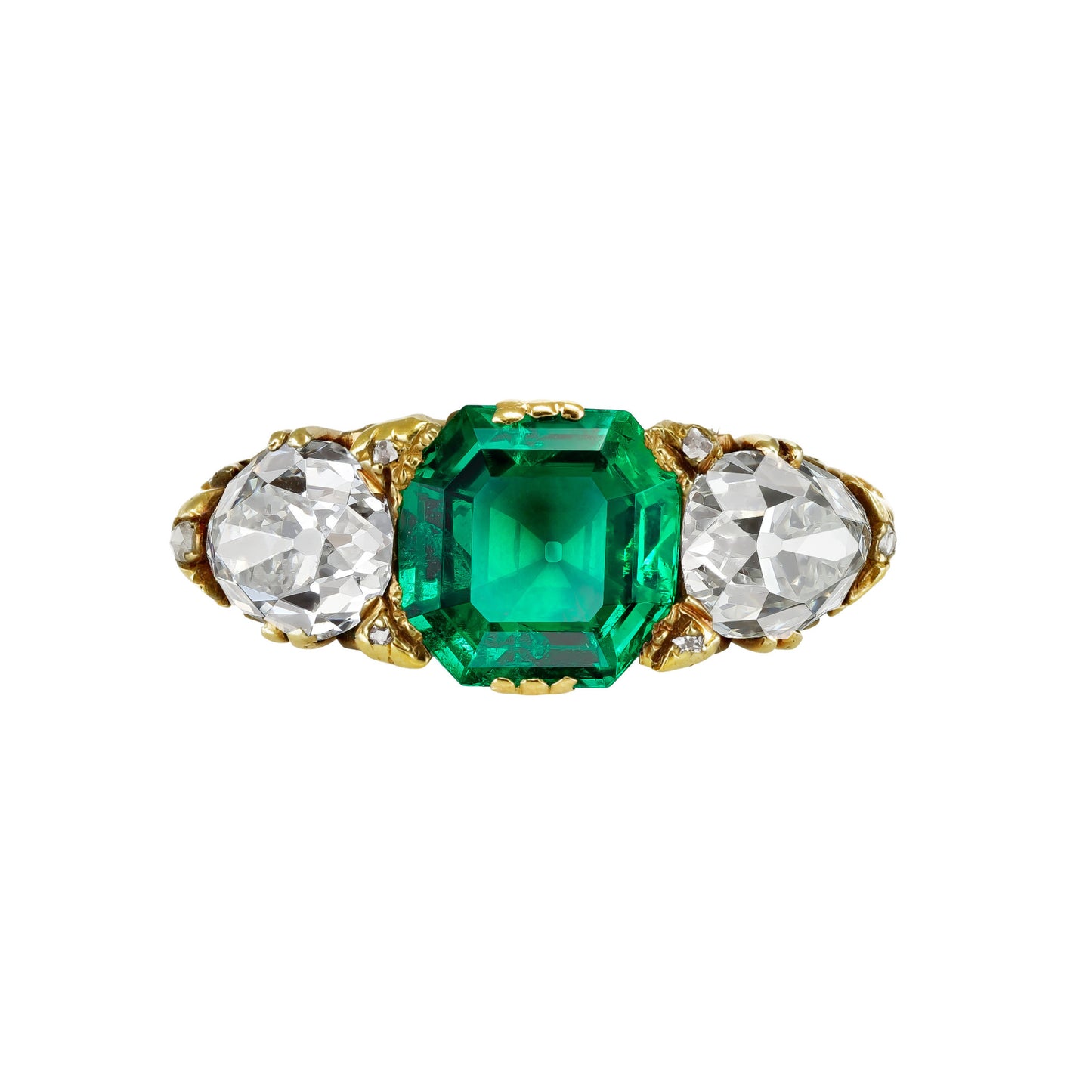 English Victorian 18KT Yellow Gold Emerald Diamond Ring front