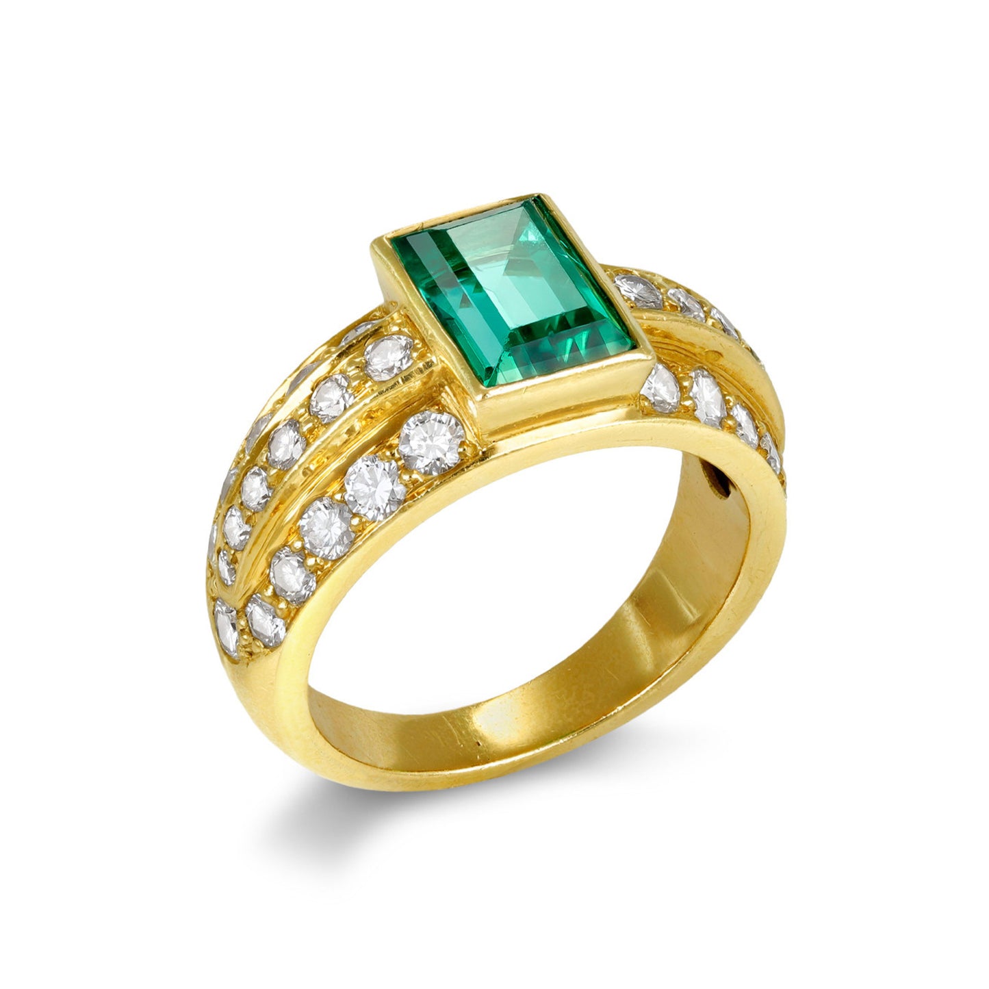 1970s 18KT Yellow Gold Emerald & Diamond Ring profile