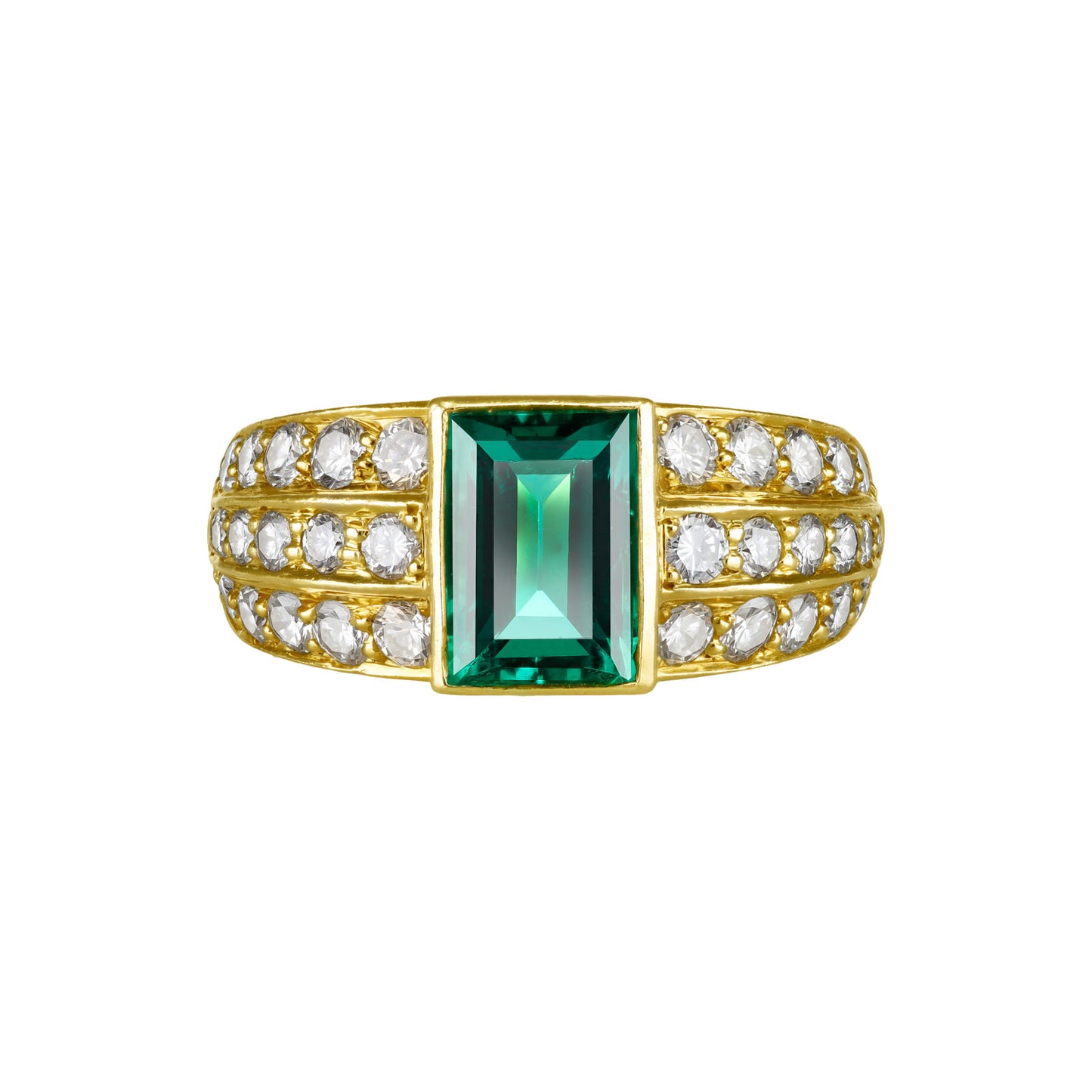 1970s 18KT Yellow Gold Emerald & Diamond Ring front