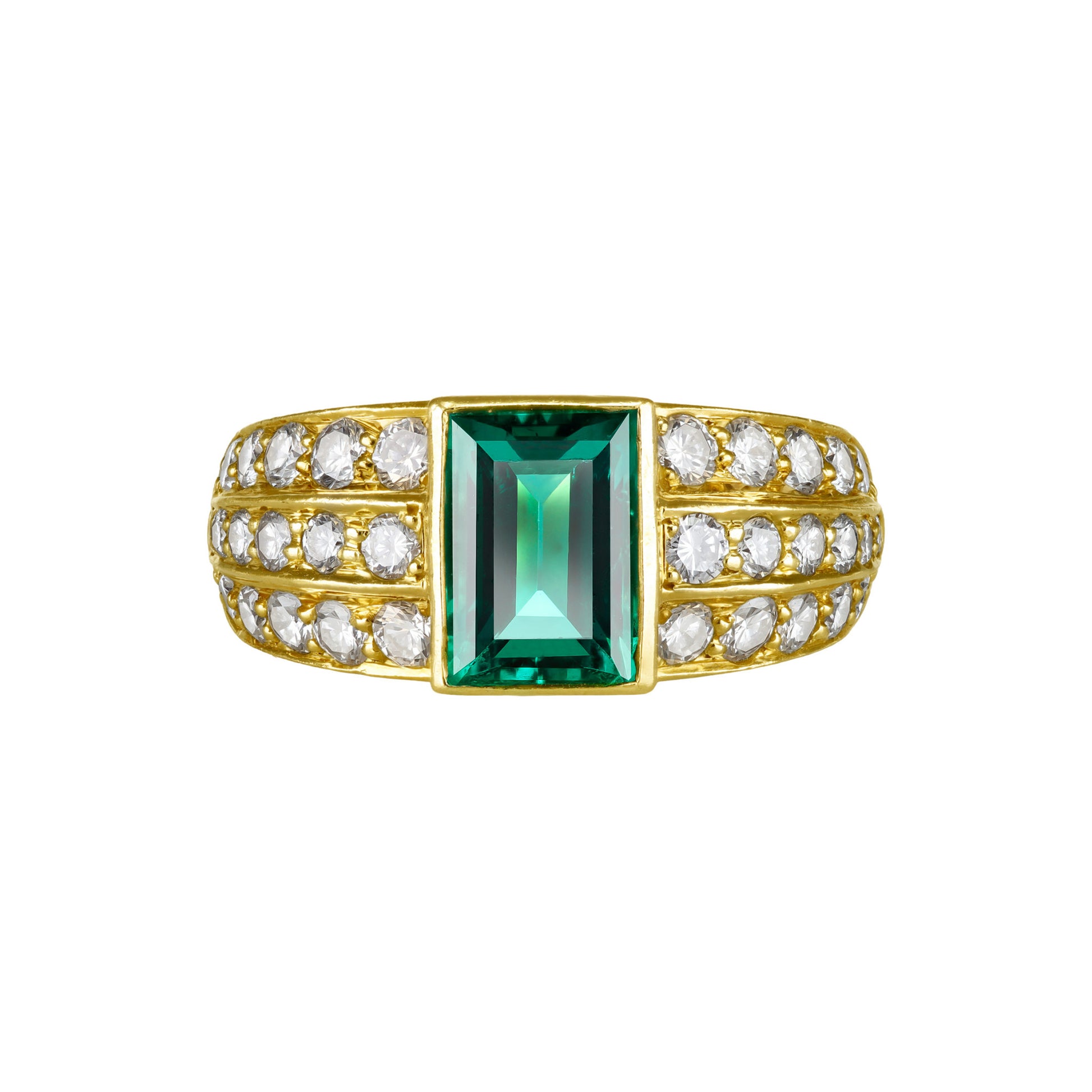 1970s 18KT Yellow Gold Emerald & Diamond Ring front