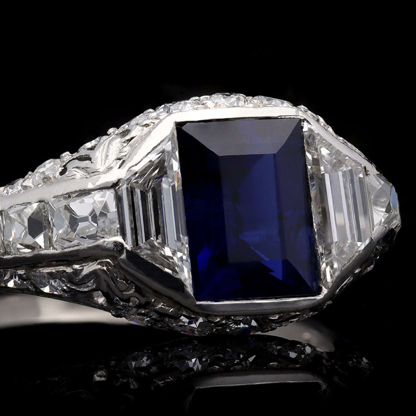 Art Deco Platinum Sapphire & Diamond Ring front