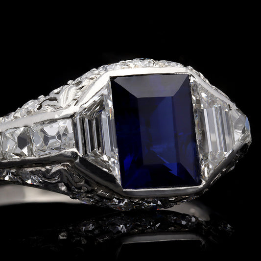 Art Deco Platinum Sapphire & Diamond Ring front