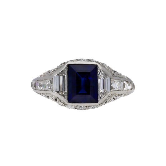 Art Deco Platinum Sapphire & Diamond Ring front