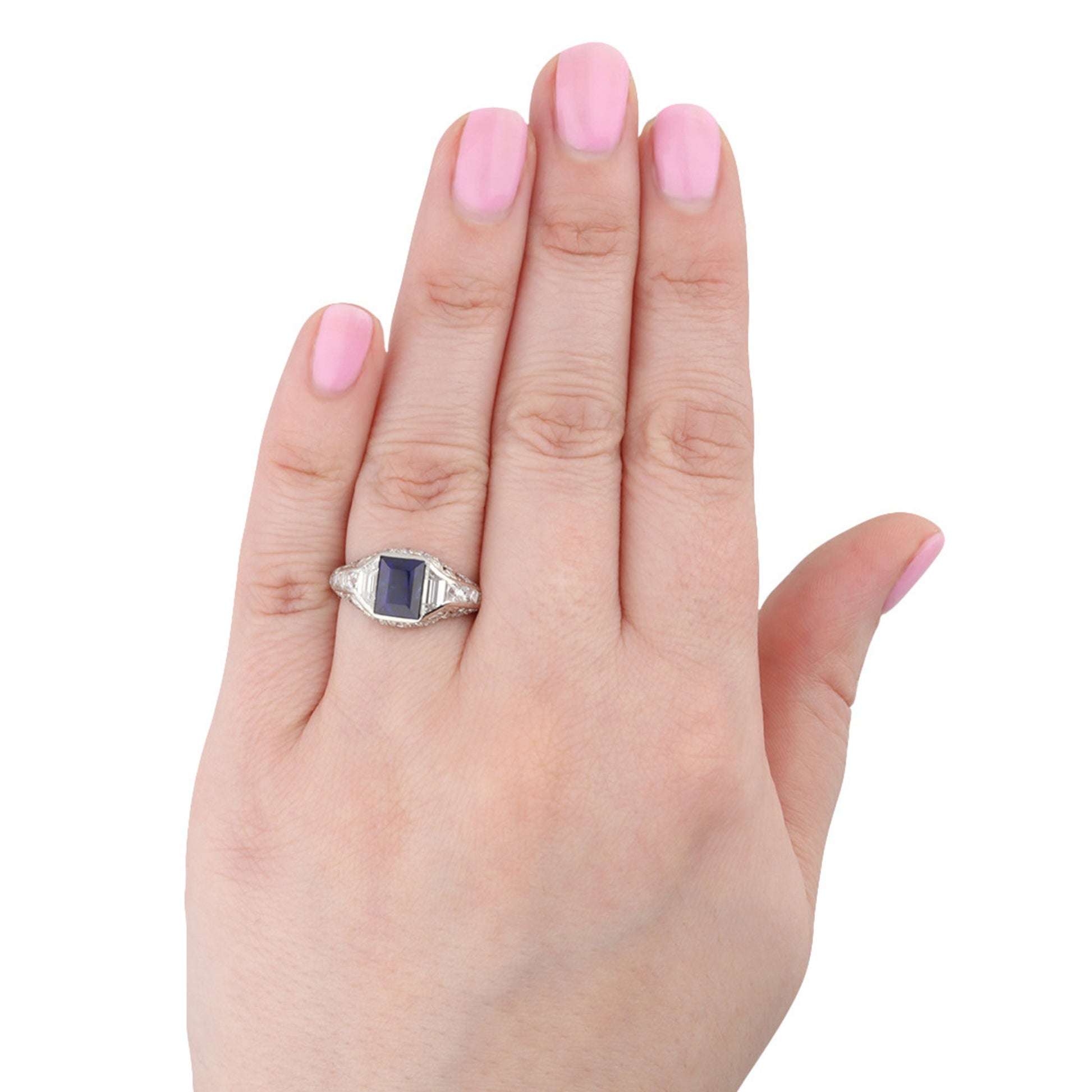Art Deco Platinum Sapphire & Diamond Ring on hand