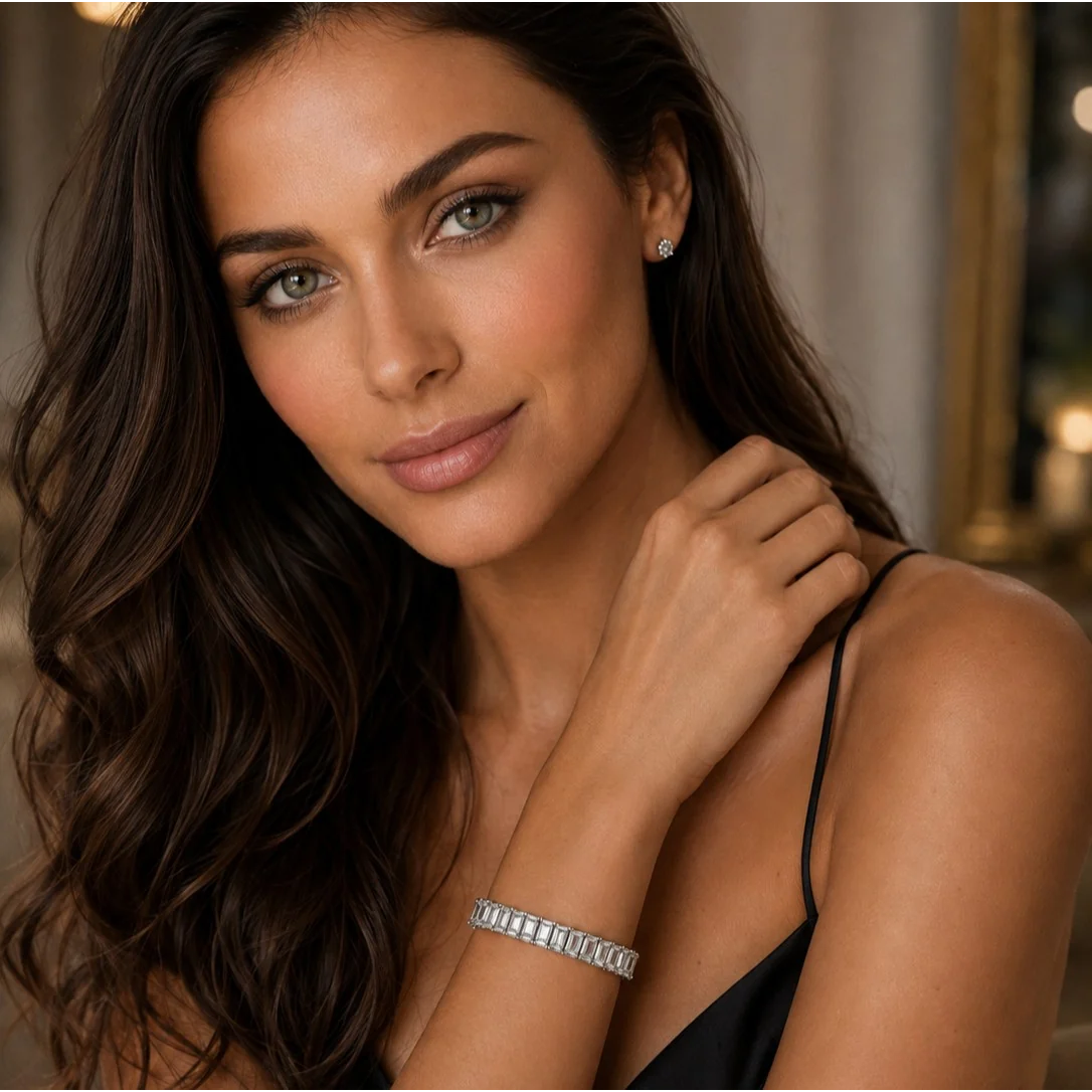 Contemporary Platinum Diamond Bracelet on wrist