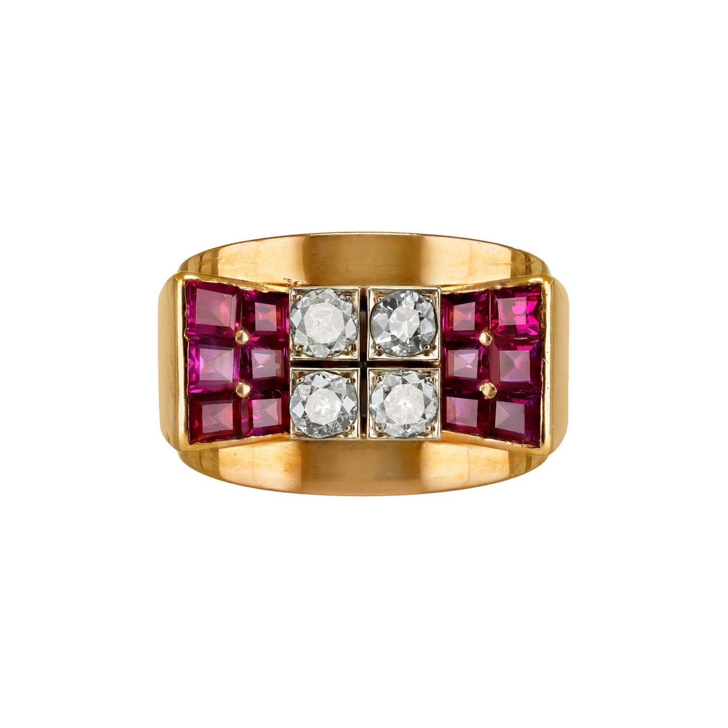 Mauboussin Paris 1940s 18KT Yellow Gold Diamond & Ruby Ring front