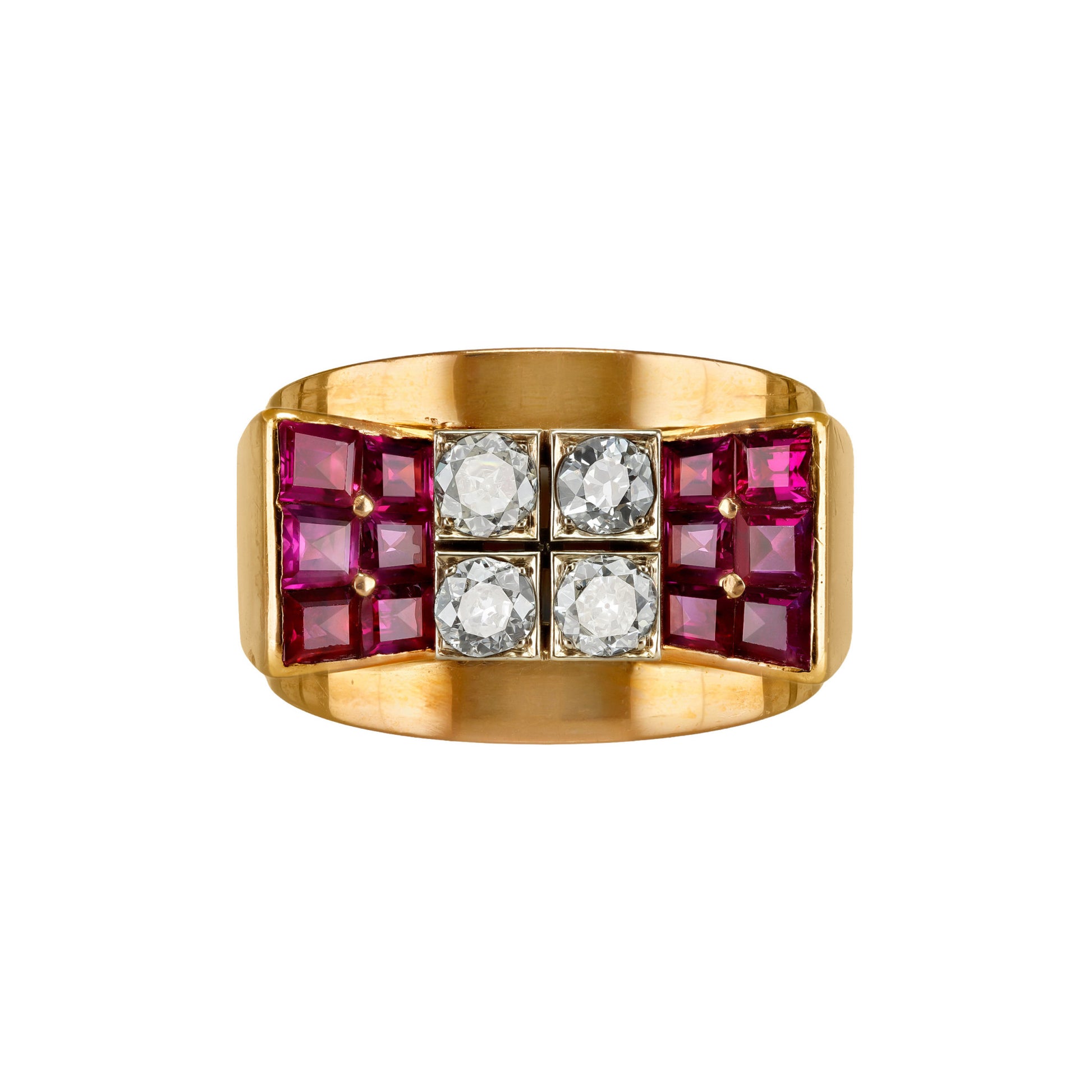 Mauboussin Paris 1940s 18KT Yellow Gold Diamond & Ruby Ring front