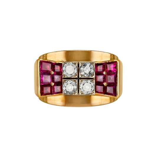 Mauboussin Paris 1940s 18KT Yellow Gold Diamond & Ruby Ring front