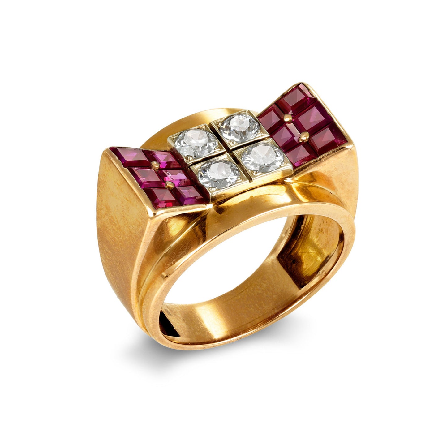 Mauboussin Paris 1940s 18KT Yellow Gold Diamond & Ruby Ring profile