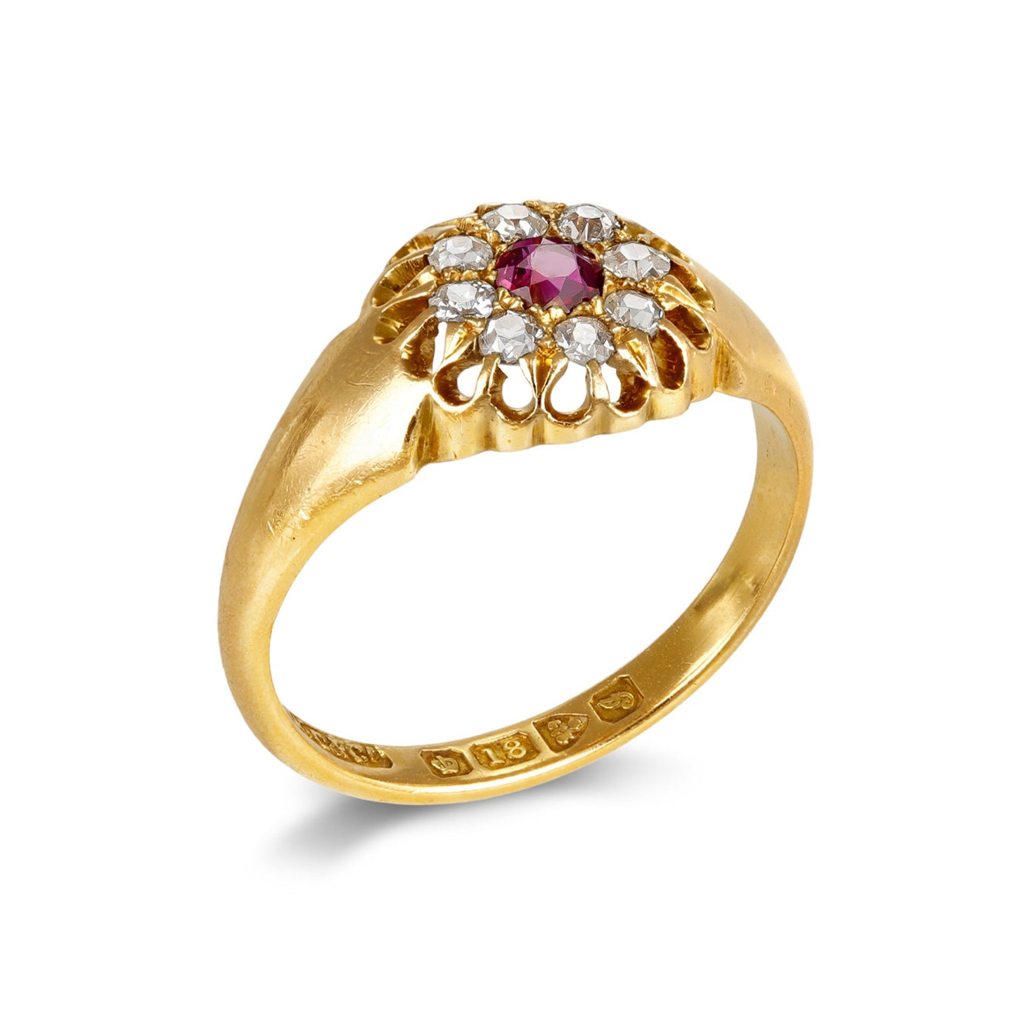 A W Crosbee & Co. English Victorian 18KT Yellow Gold Ruby & Diamond Ring profile