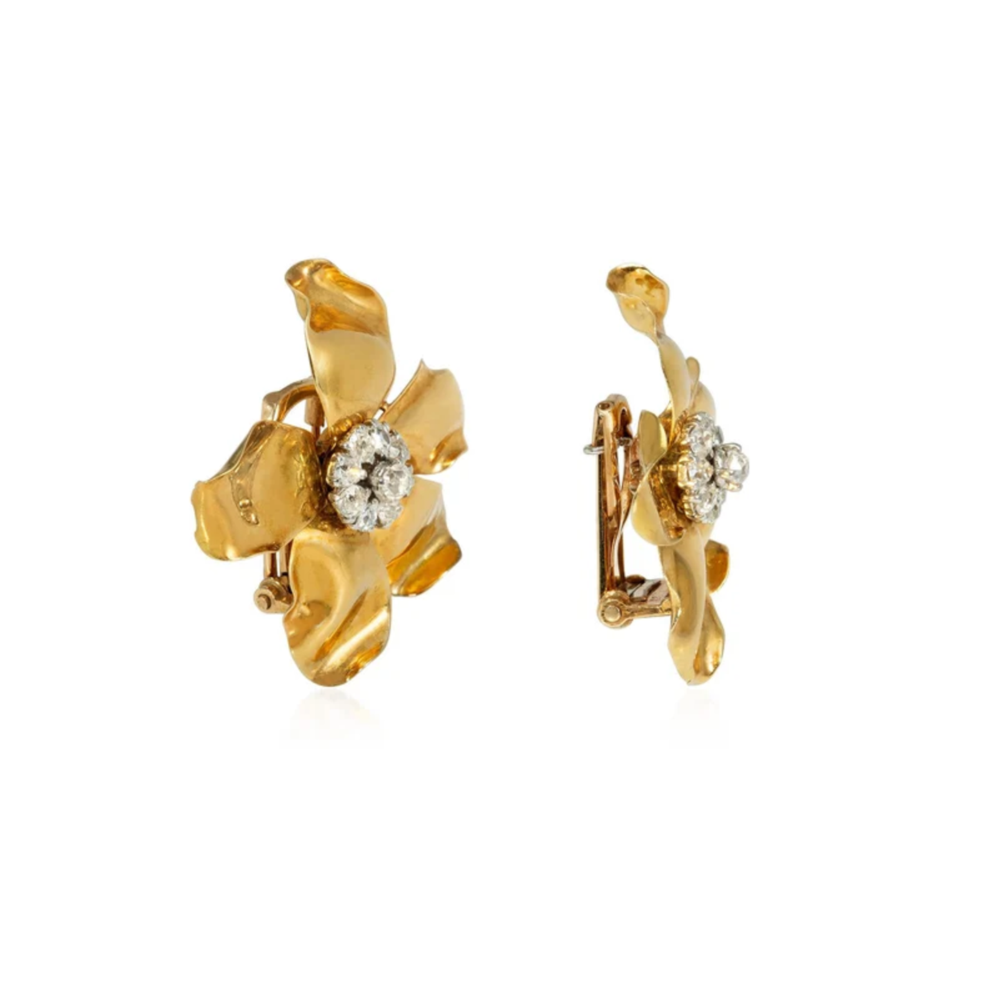 Cartier Paris Retro Platinum & 18KT Yellow Gold Diamond Flower Earrings side