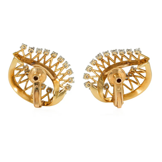 Cartier Paris 1950s 18KT Yellow Gold Diamond Leaf Earrings back