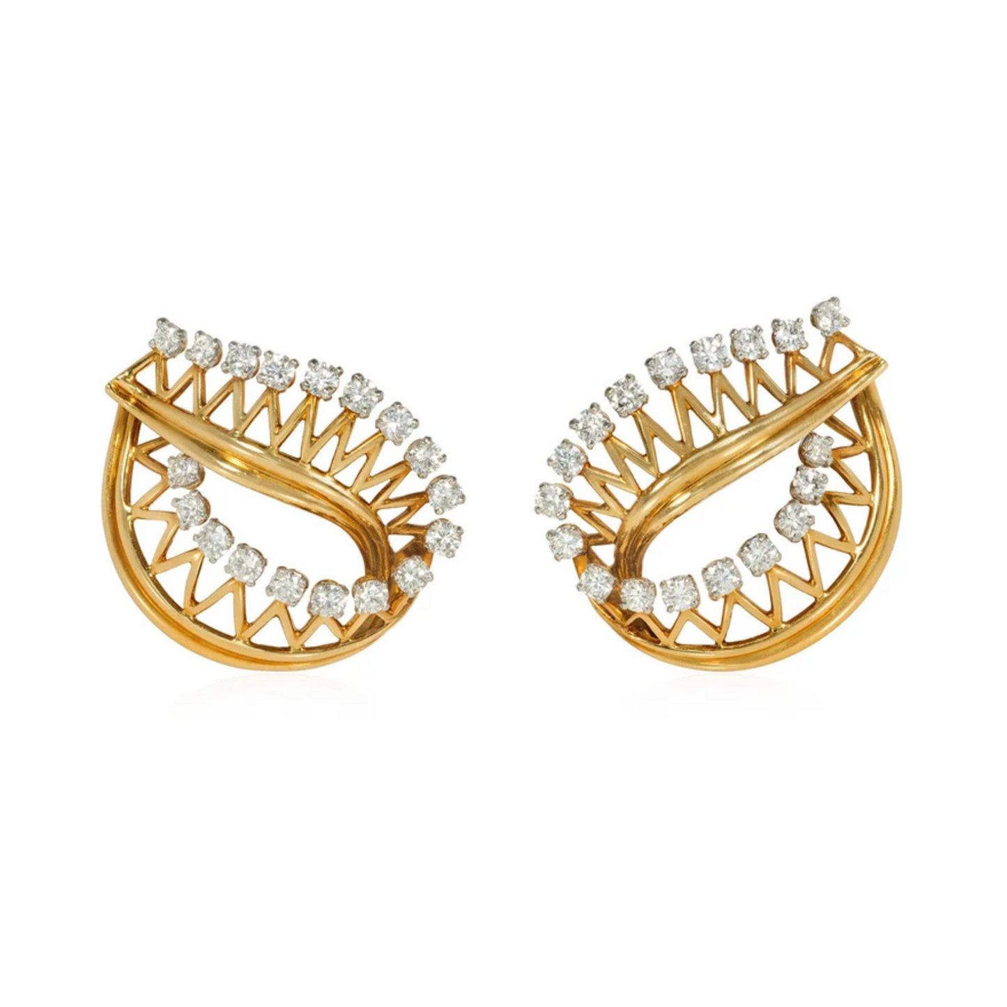 Cartier Paris 1950s 18KT Yellow Gold Diamond Leaf Earrings front