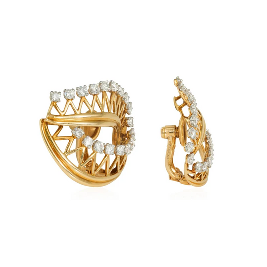 Cartier Paris 1950s 18KT Yellow Gold Diamond Leaf Earrings side