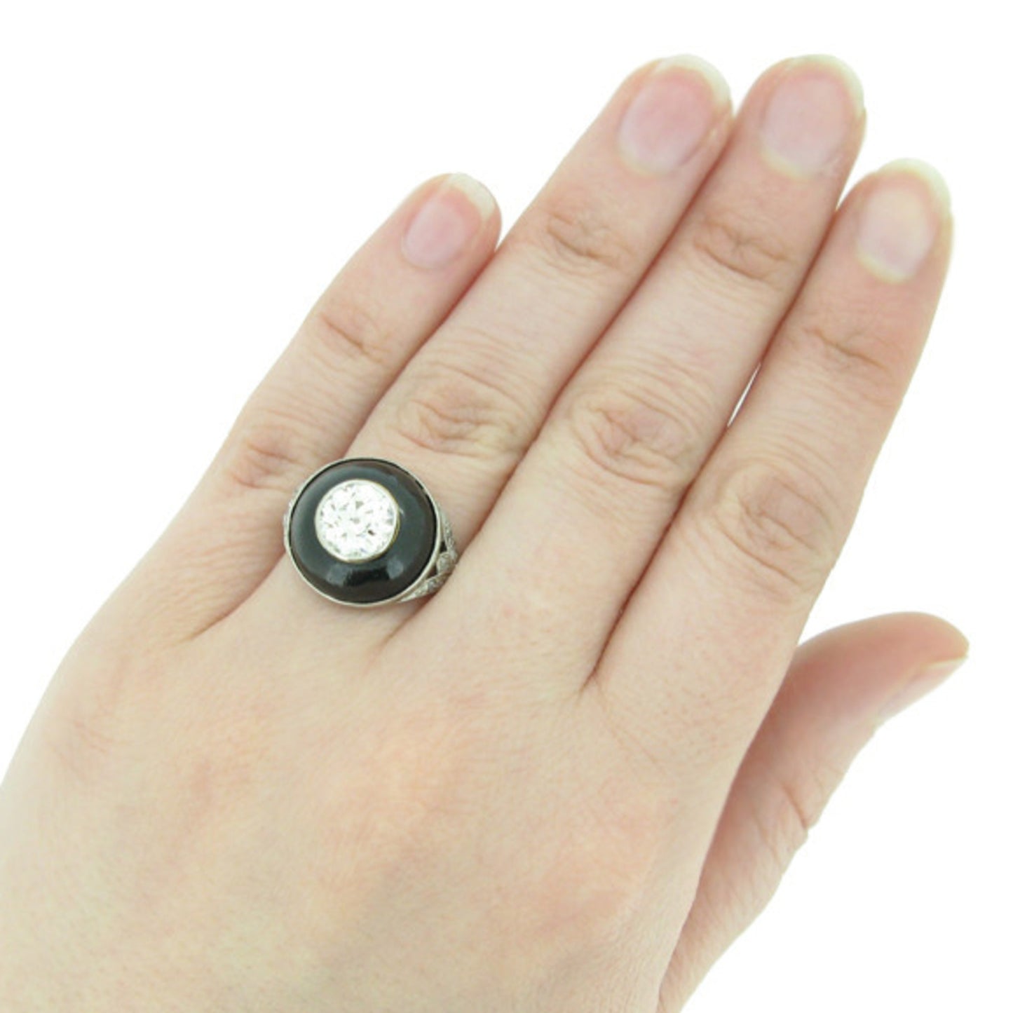 Art Deco Platinum Diamond & Enamel Ring on finger
