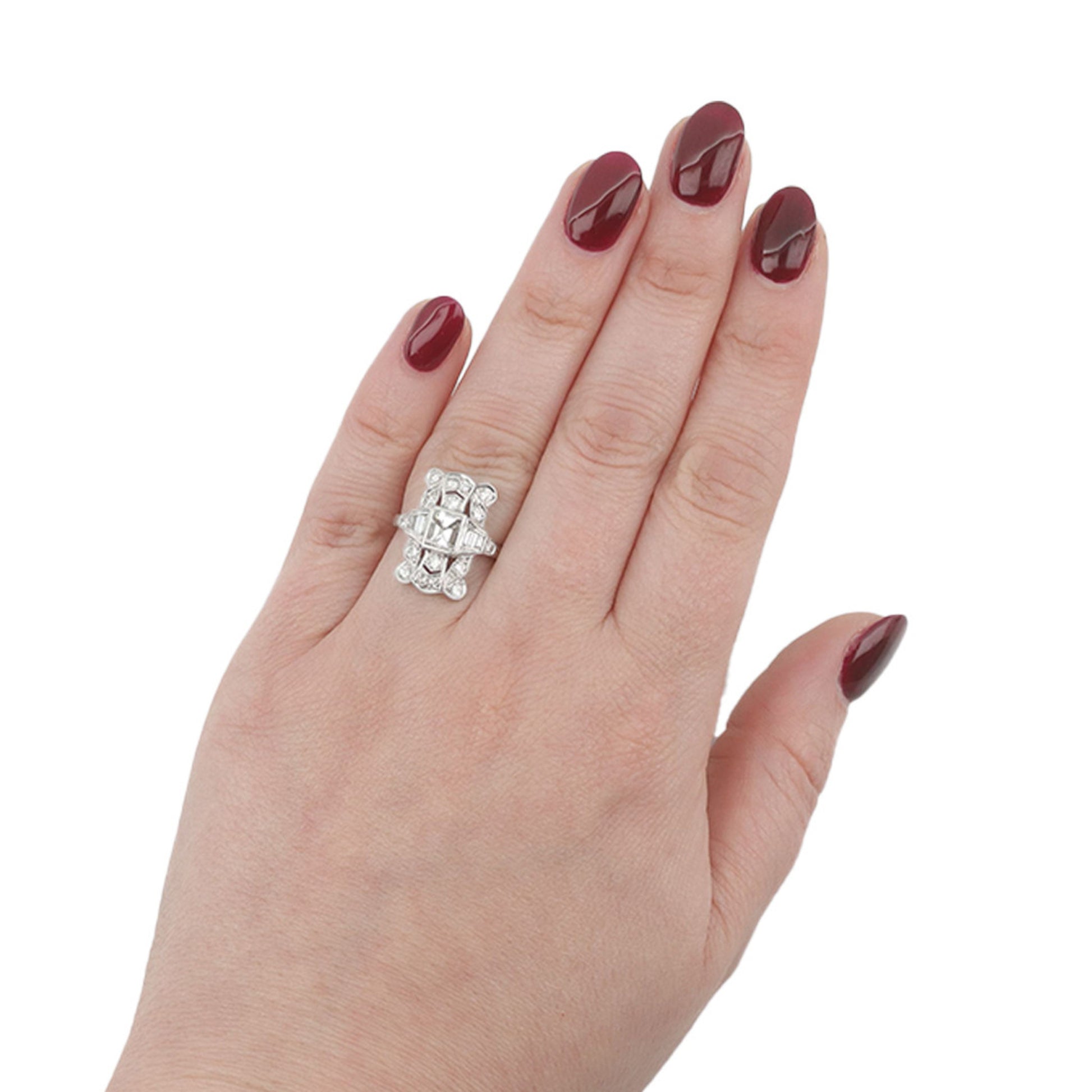 American 1950s Platinum Diamond Ring on finger