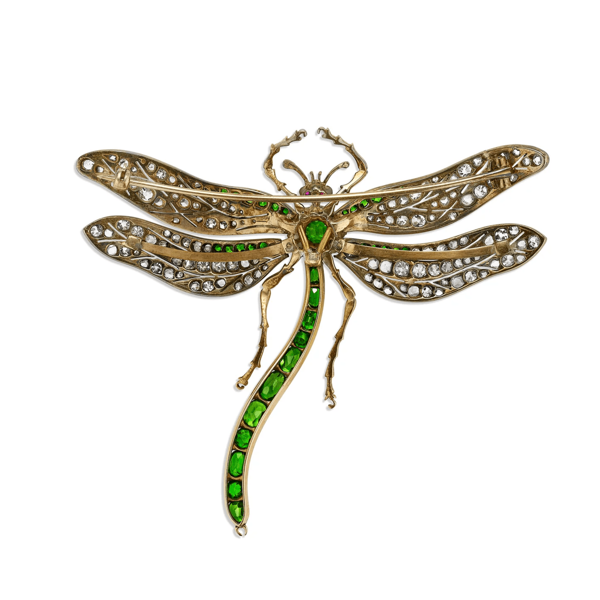English Victorian Silver & 18KT Yellow Gold Demantoid Garnet, Diamond & Ruby Dragonfly Brooch back