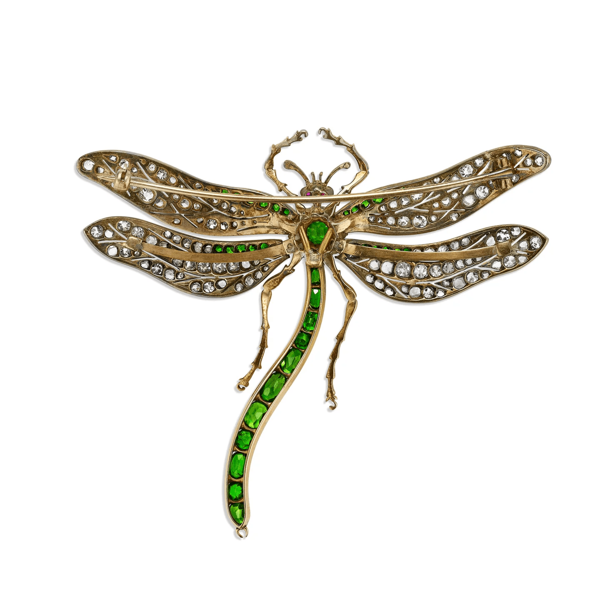 English Victorian Silver & 18KT Yellow Gold Demantoid Garnet, Diamond & Ruby Dragonfly Brooch back