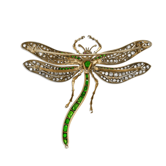 English Victorian Silver & 18KT Yellow Gold Demantoid Garnet, Diamond & Ruby Dragonfly Brooch back