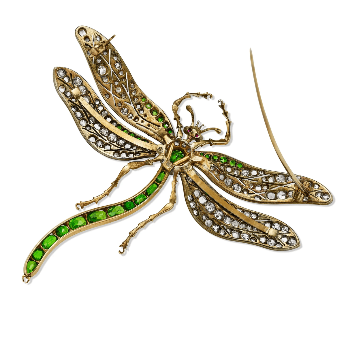 English Victorian Silver & 18KT Yellow Gold Demantoid Garnet, Diamond & Ruby Dragonfly Brooch front