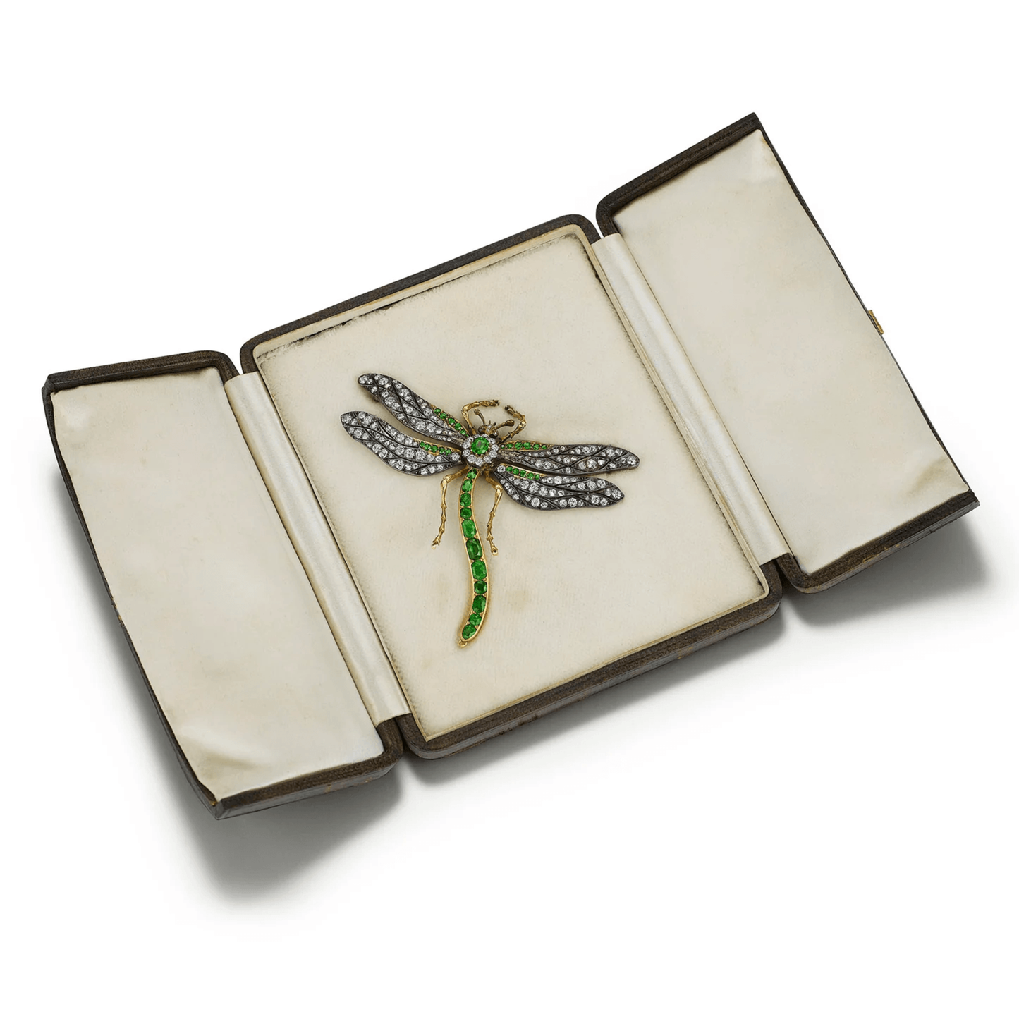 English Victorian Silver & 18KT Yellow Gold Demantoid Garnet, Diamond & Ruby Dragonfly Brooch in box