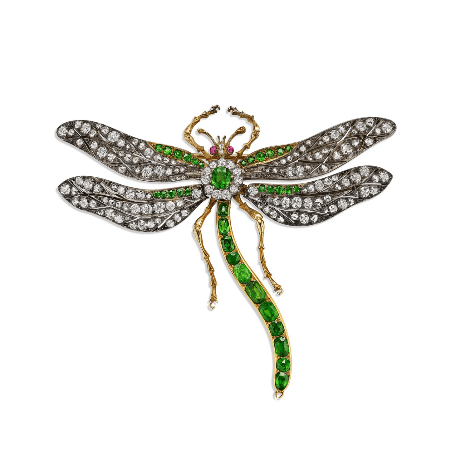 English Victorian Silver & 18KT Yellow Gold Demantoid Garnet, Diamond & Ruby Dragonfly Brooch front
