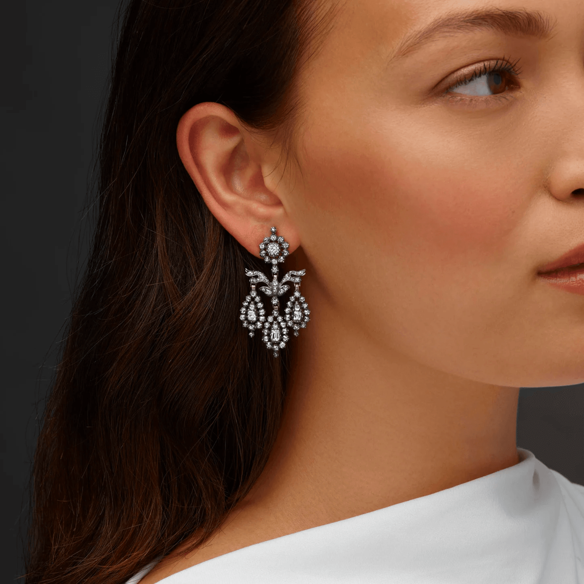 Georgian Silver & 18KT Yellow Gold Diamond Earrings on ear