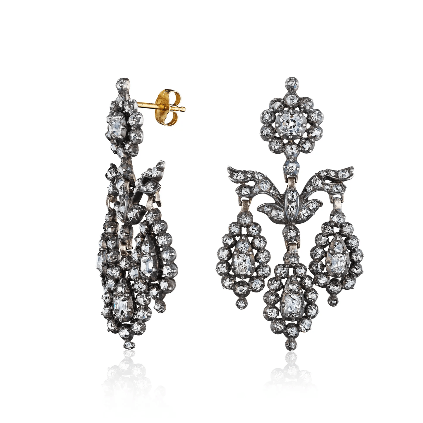 Georgian Silver & 18KT Yellow Gold Diamond Earrings side and front