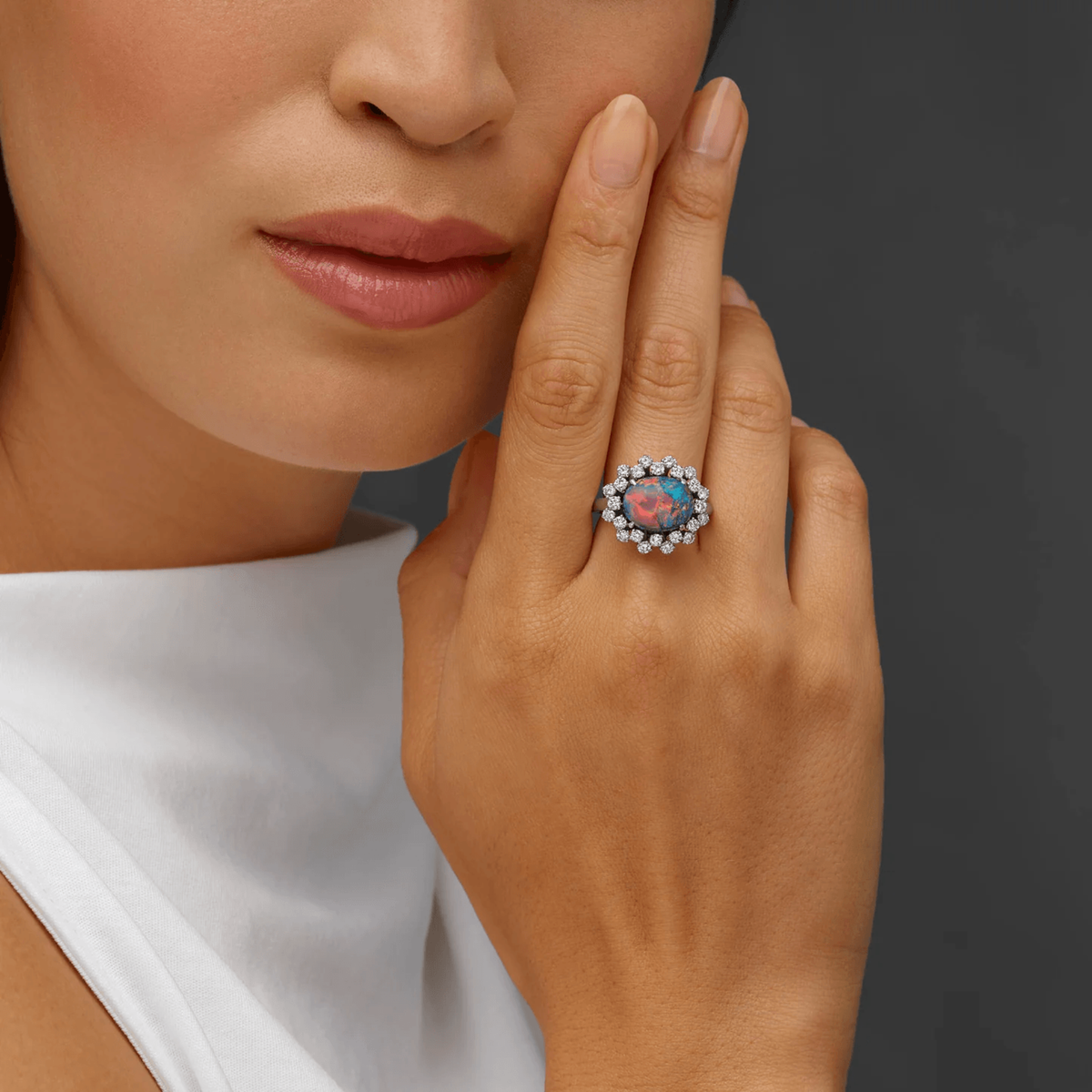 Raymond Yard 1950s Platinum Black Opal & Diamond Ring on finger