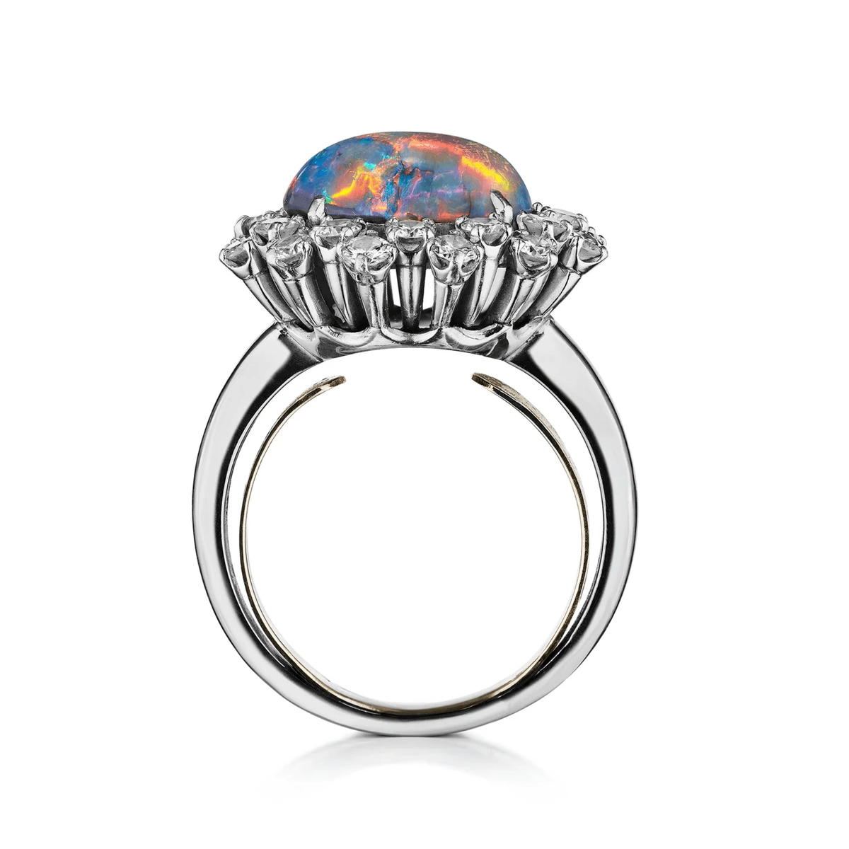 Raymond Yard 1950s Platinum Black Opal & Diamond Ring profile