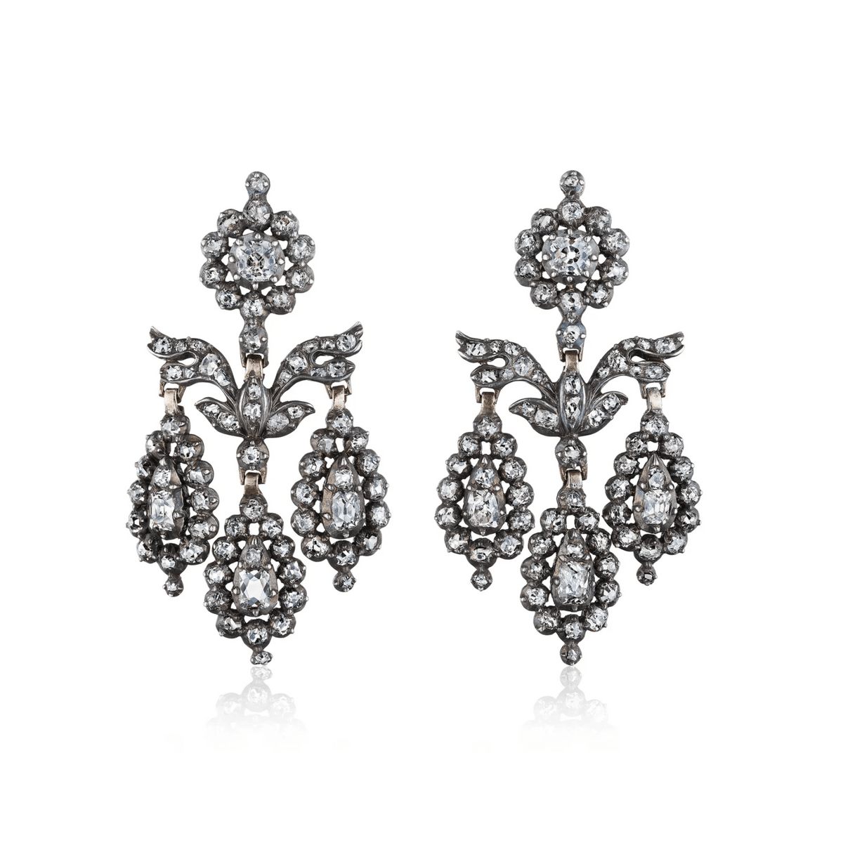 Georgian Silver & 18KT Yellow Gold Diamond Earrings front 