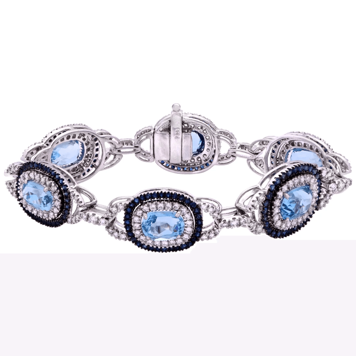 Contemporary 18KT White Gold Aquamarine, Diamond & Sapphire Bracelet front