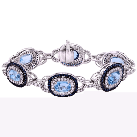 Contemporary 18KT White Gold Aquamarine, Diamond & Sapphire Bracelet front