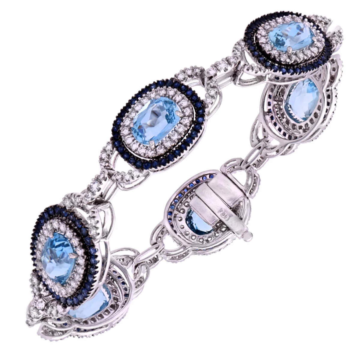 Contemporary 18KT White Gold Aquamarine, Diamond & Sapphire Bracelet front